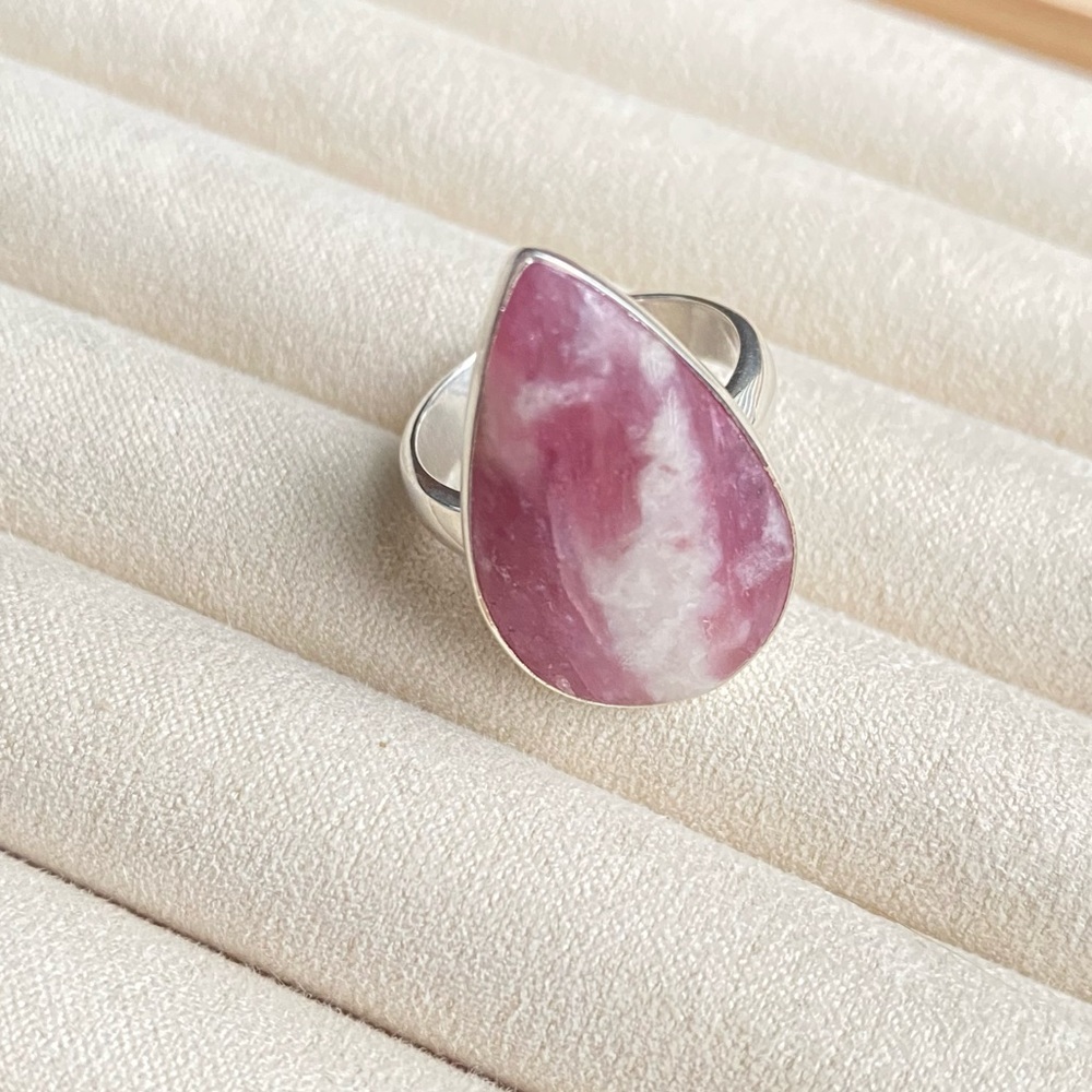 925 Sterling Silver Large Rhodochrosite Gemstone Teardrop  Ring